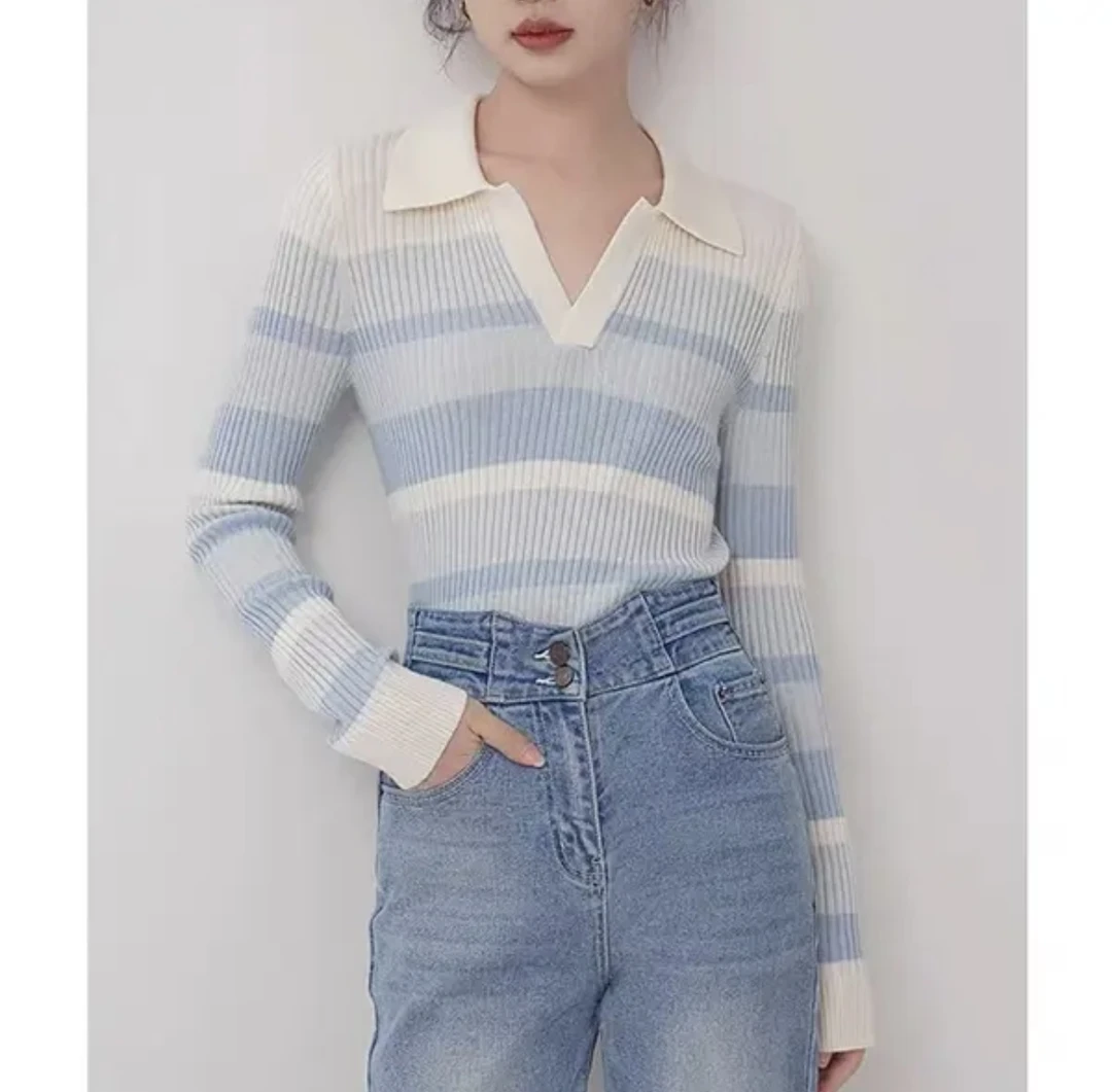 条纹软糯针织2025春秋设计感针织衫撞色条纹上衣女