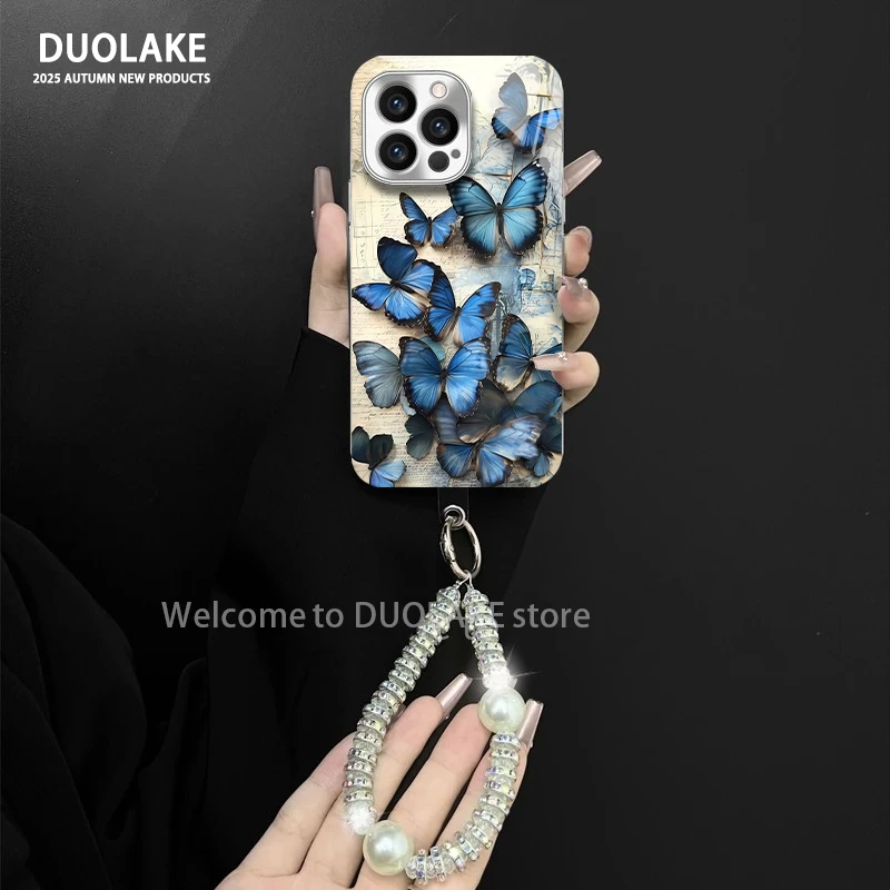 复古蓝蝴蝶适用苹果vivo华为oppo小米iPhone17电镀玻璃防摔手机壳