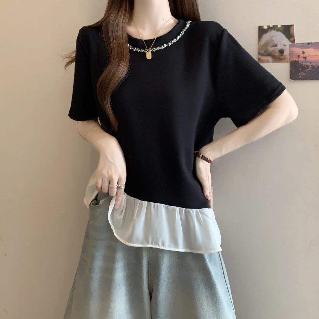 大码女装遮肚子荷叶边短袖t恤女夏季胖mm宽松显瘦别致不规则上衣