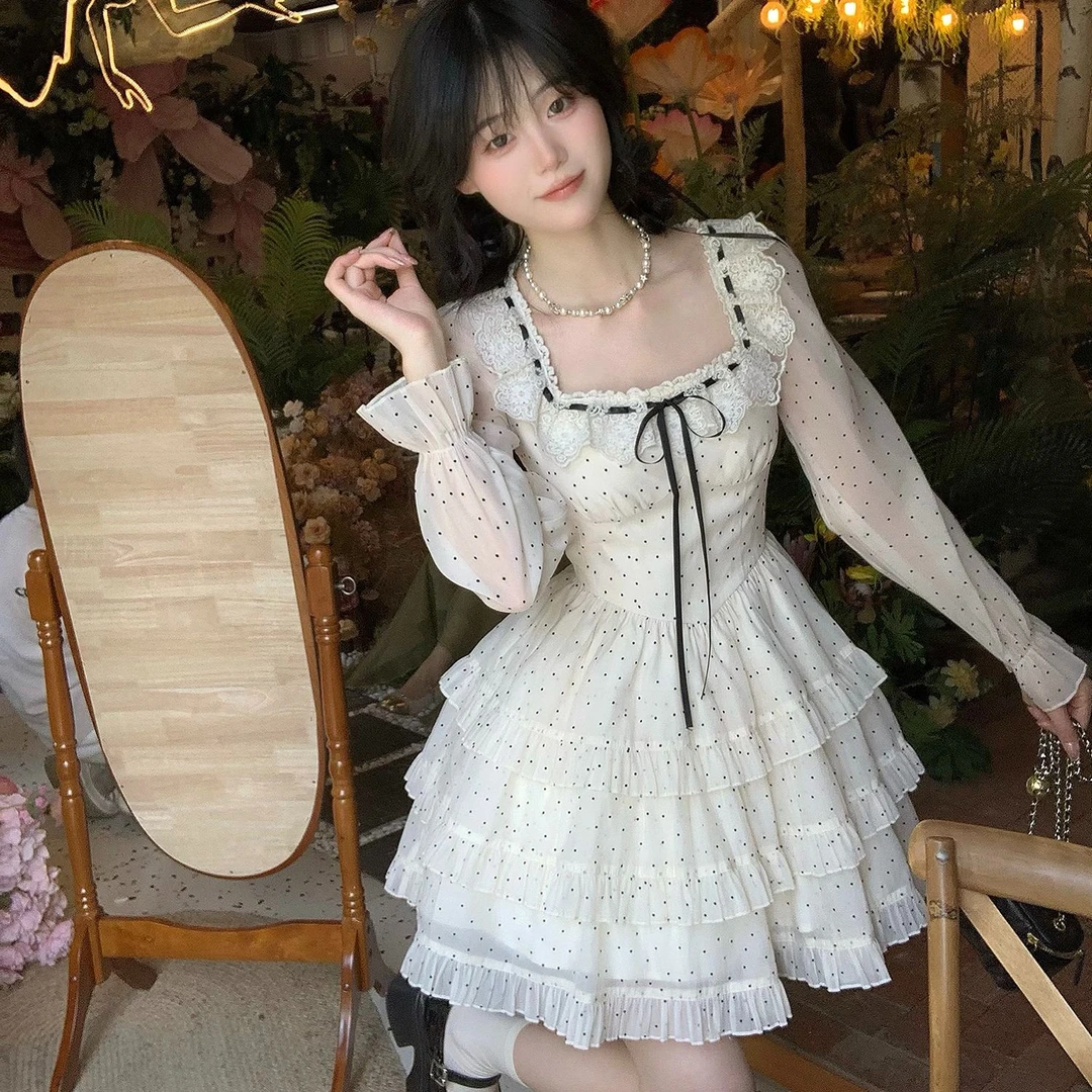 Blovelan奶霜贝果 甜美蕾丝花边方领波点印花长袖公主蛋糕连衣裙
