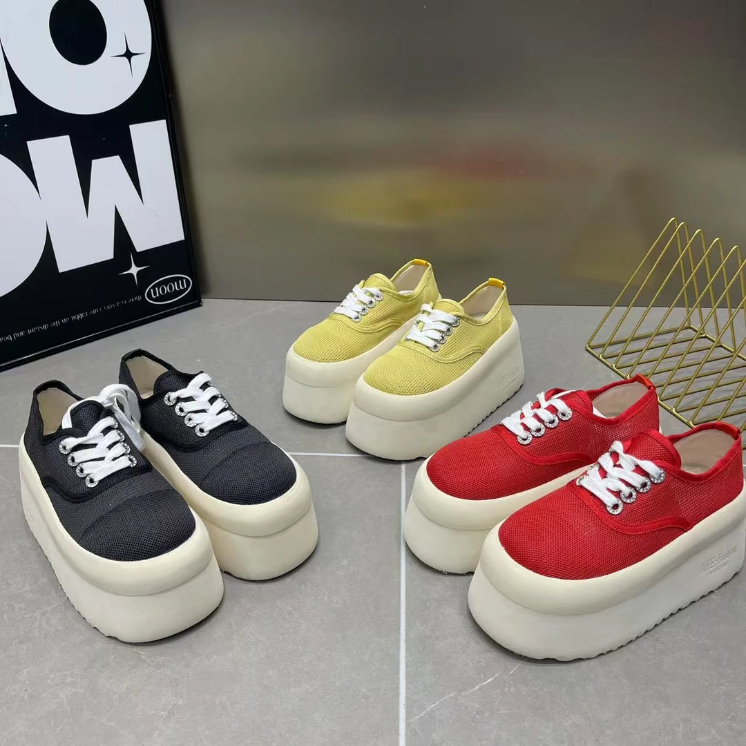 大头百搭v透气方头松糕2023帆布鞋新款增高板鞋夏季女厚底