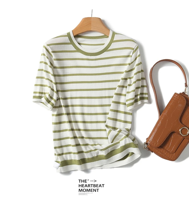 莱赛尔醋酸 轻薄 透气 针织条纹短袖 2024夏圆领通勤贴身宽松上衣