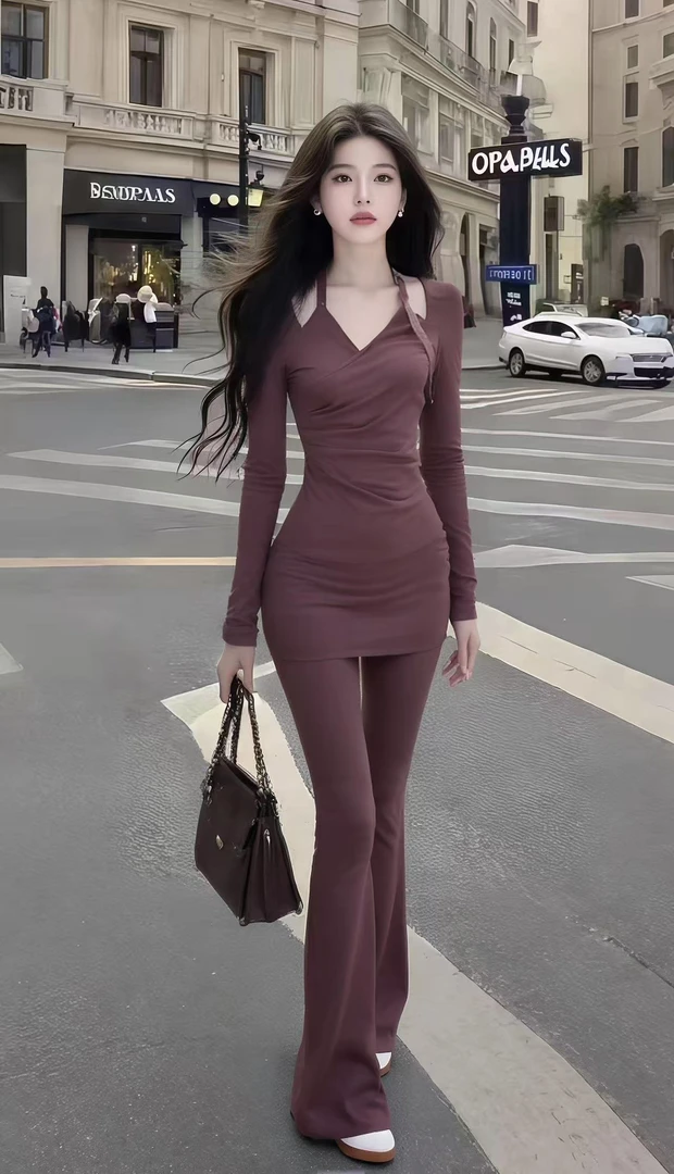 轻奢时尚高端女装V领长袖修身上衣+百搭长裤氛围感酒红色两件套