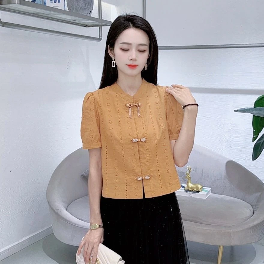 新中式复古国风短袖衬衫女夏季新款洋气百搭显瘦减龄气质小衫
