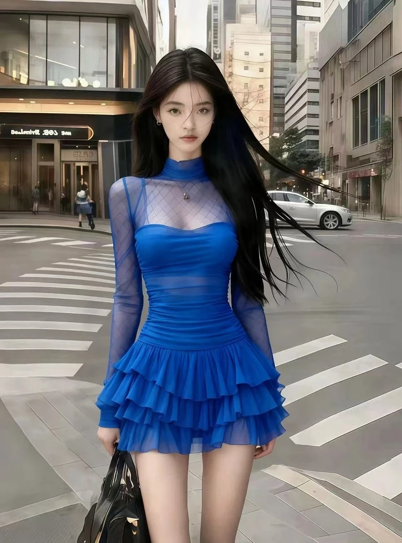 轻奢气质名媛纯欲风蓝色半高领网纱拼接微透氛围感气质辣妹连衣裙