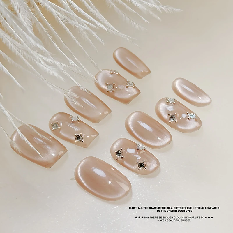 【悠悠日记】轻奢手工穿戴甲温柔气质杏仁甲冰透裸色中长款超薄粉色