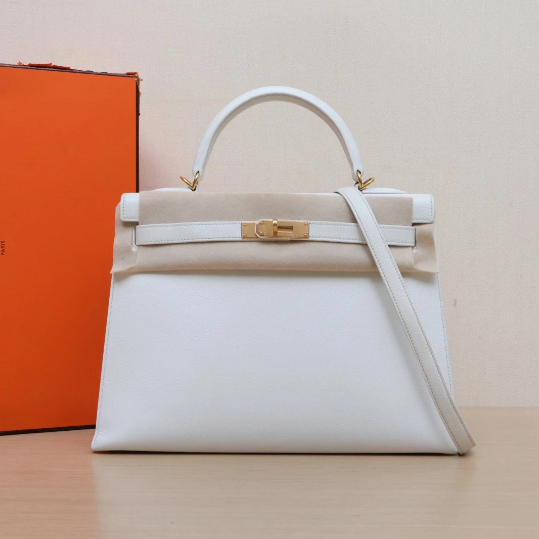 95新 Hermes/爱马仕 【双双】Kelly 32 01白色 Epsom皮 T刻 金扣