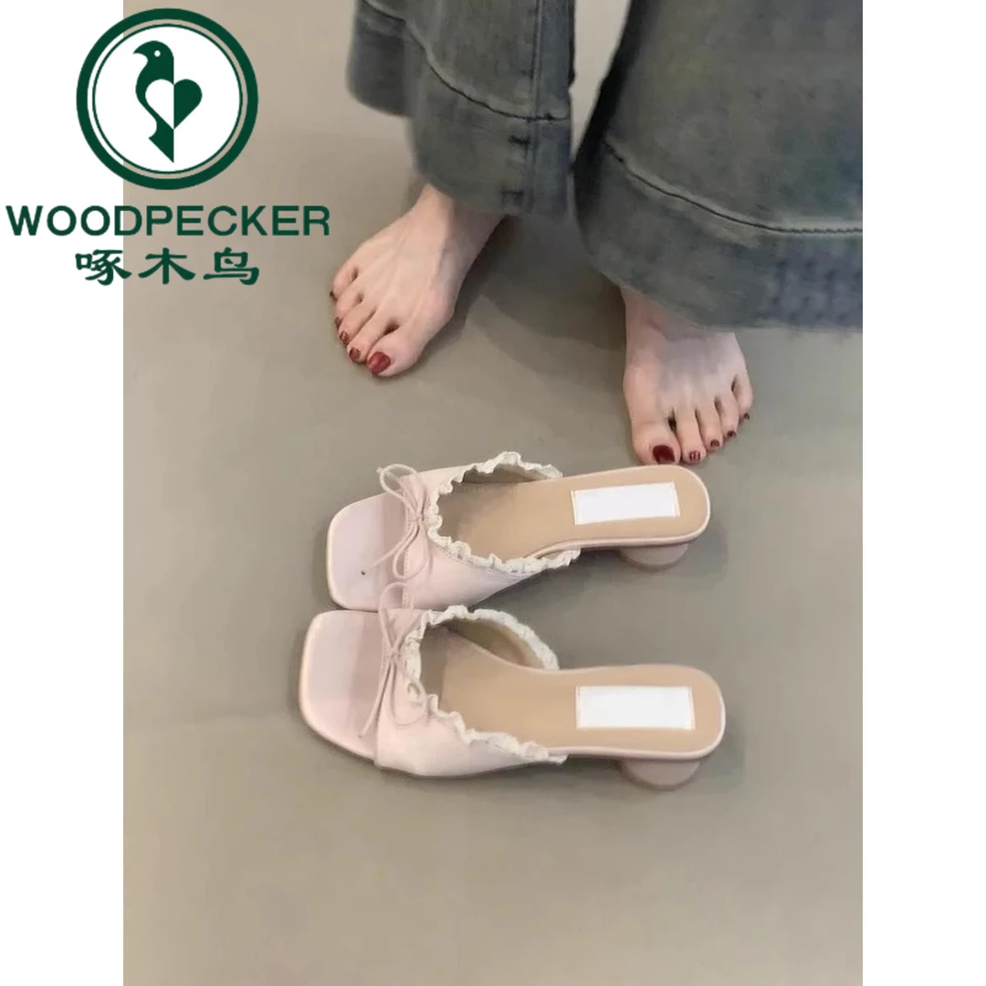 啄木鸟法式仙女蕾丝蝴蝶结粗跟凉拖鞋外穿露趾配裙子一字凉鞋女