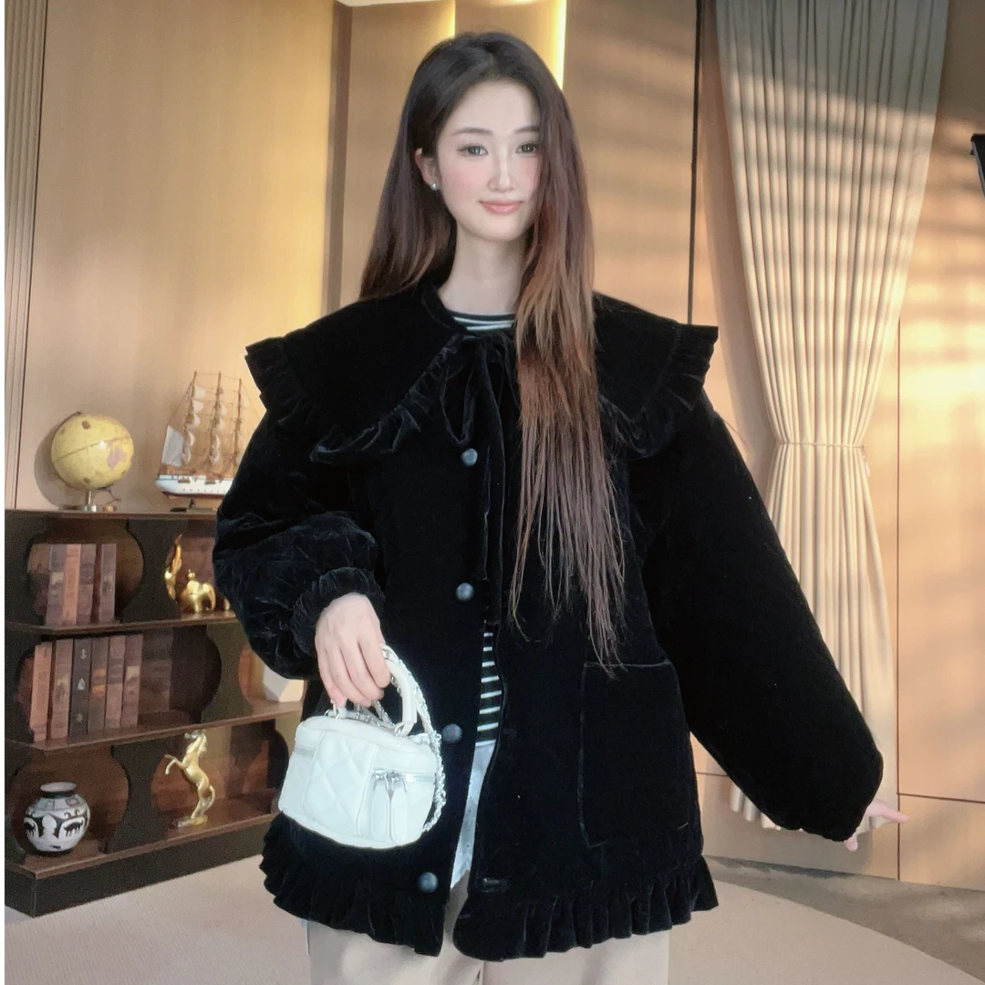 铂屋馆B56905法式复古黑色丝绒外套女荷叶边大翻领蝴蝶结宽松棉服