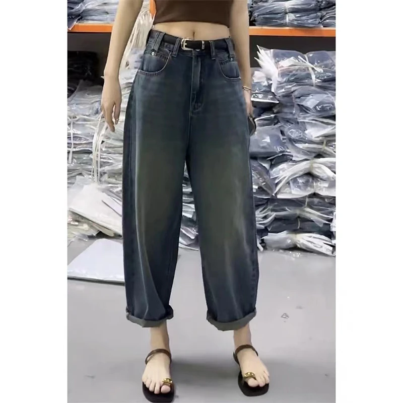 大码梨形身材哈伦牛仔裤女春秋高腰显瘦宽松九分直筒阔腿老爹裤子