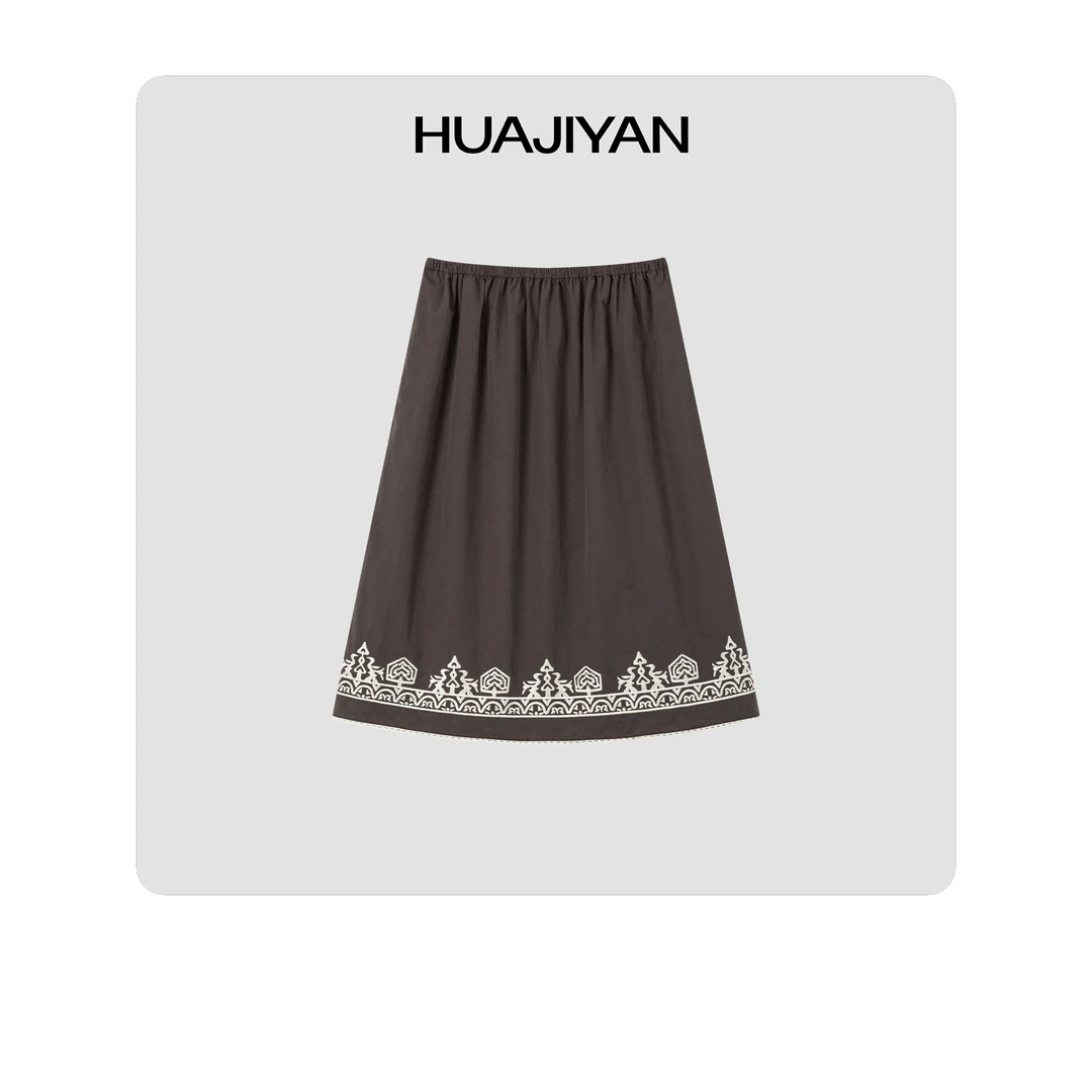 华吉言/HUAJIYAN【罗曼】100棉撞色刺绣纹样设计松紧腰A字半裙