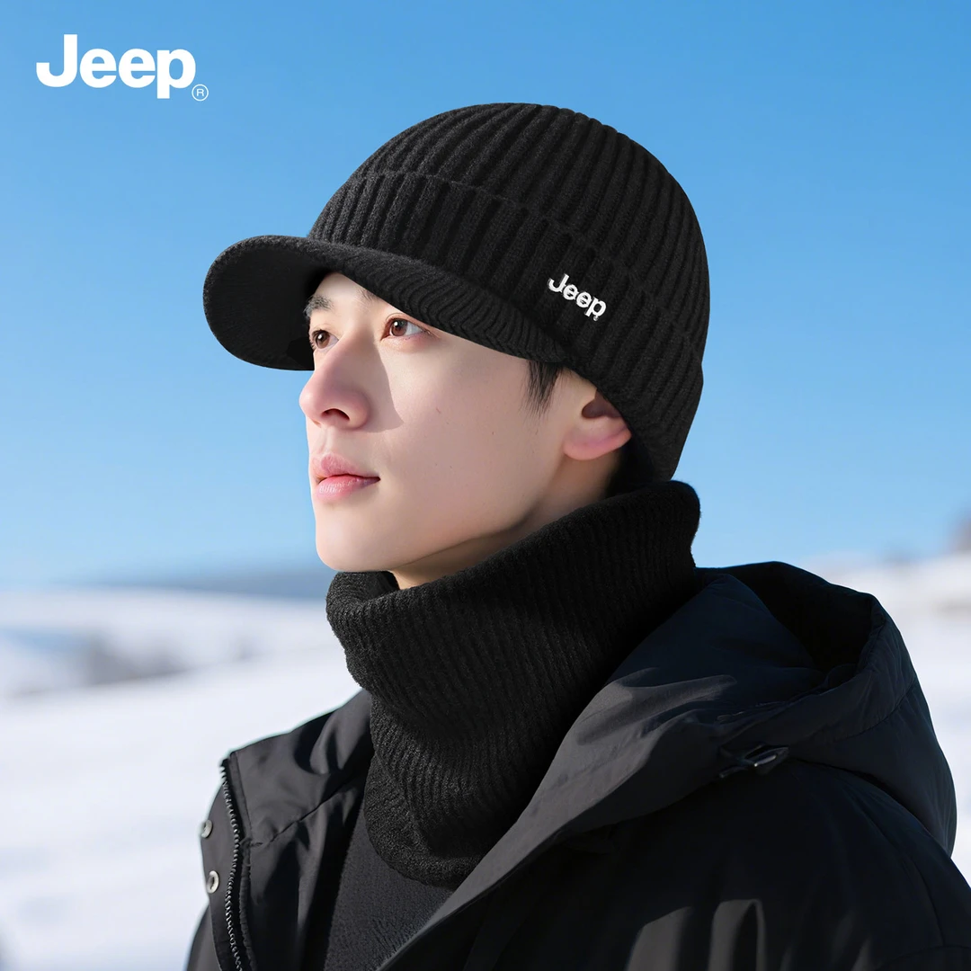 jeep吉普帽子男士冬季骑行护耳保暖毛线帽加绒加厚防寒骑行针织帽