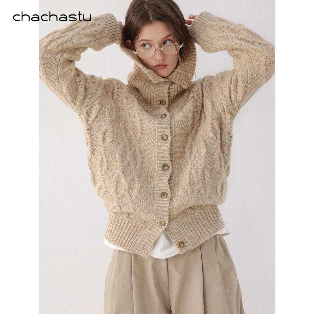 CHACHASTU多种穿法 造型大翻领造型复古绞花毛衣外套XX6071