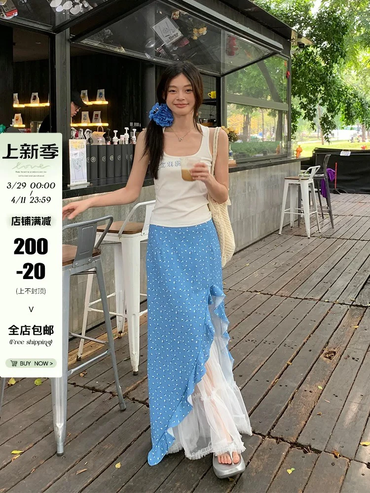 宋正恩蓝色小碎花半身裙女夏季韩系高腰宽松拼接网纱假两件长裙子