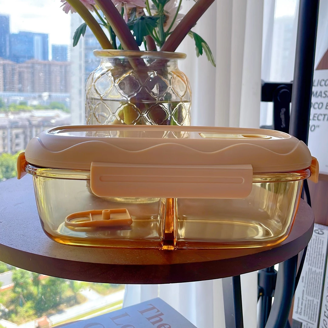 琥珀原色高硼硅玻璃椭圆分格740ml保鲜饭盒家用密封微波炉专用