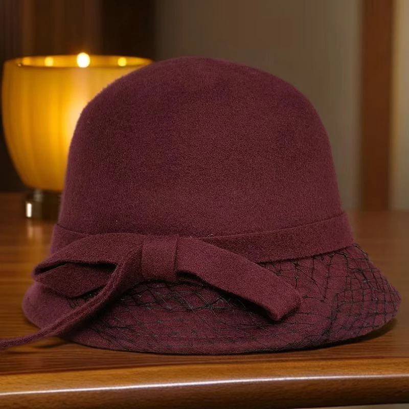 新款显脸小渔夫帽女春秋冬季百搭帽子复古网纱纯羊毛定型帽女时尚