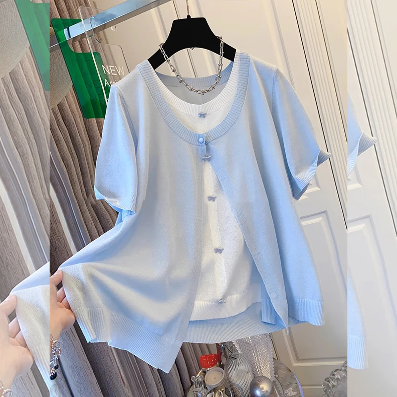 大码夏季新款假两件温柔风百搭显瘦宽松针织开衫休闲拼接圆领上衣