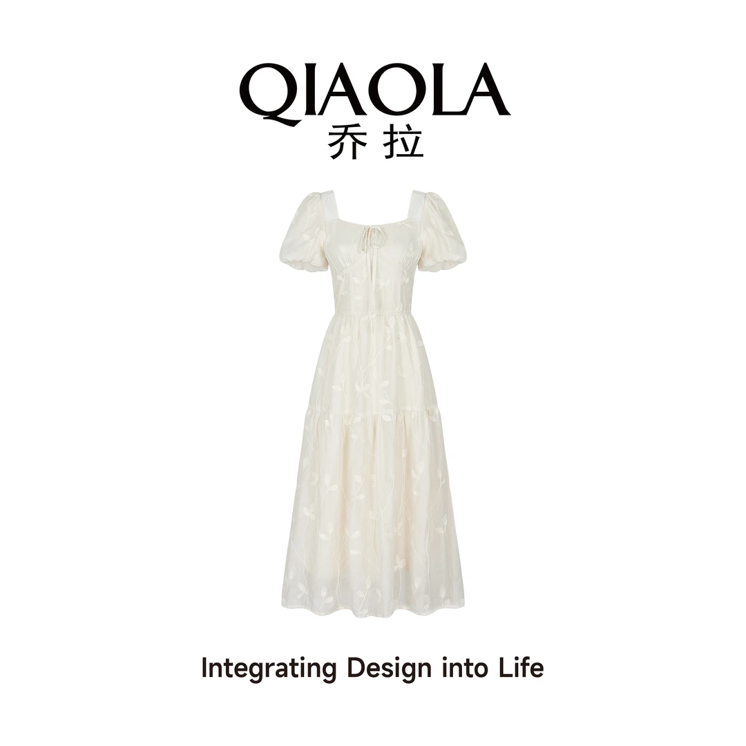 QIAOLA/乔拉【奶油花卷】夏季梭织绣花方领轻奢重工A版裙子