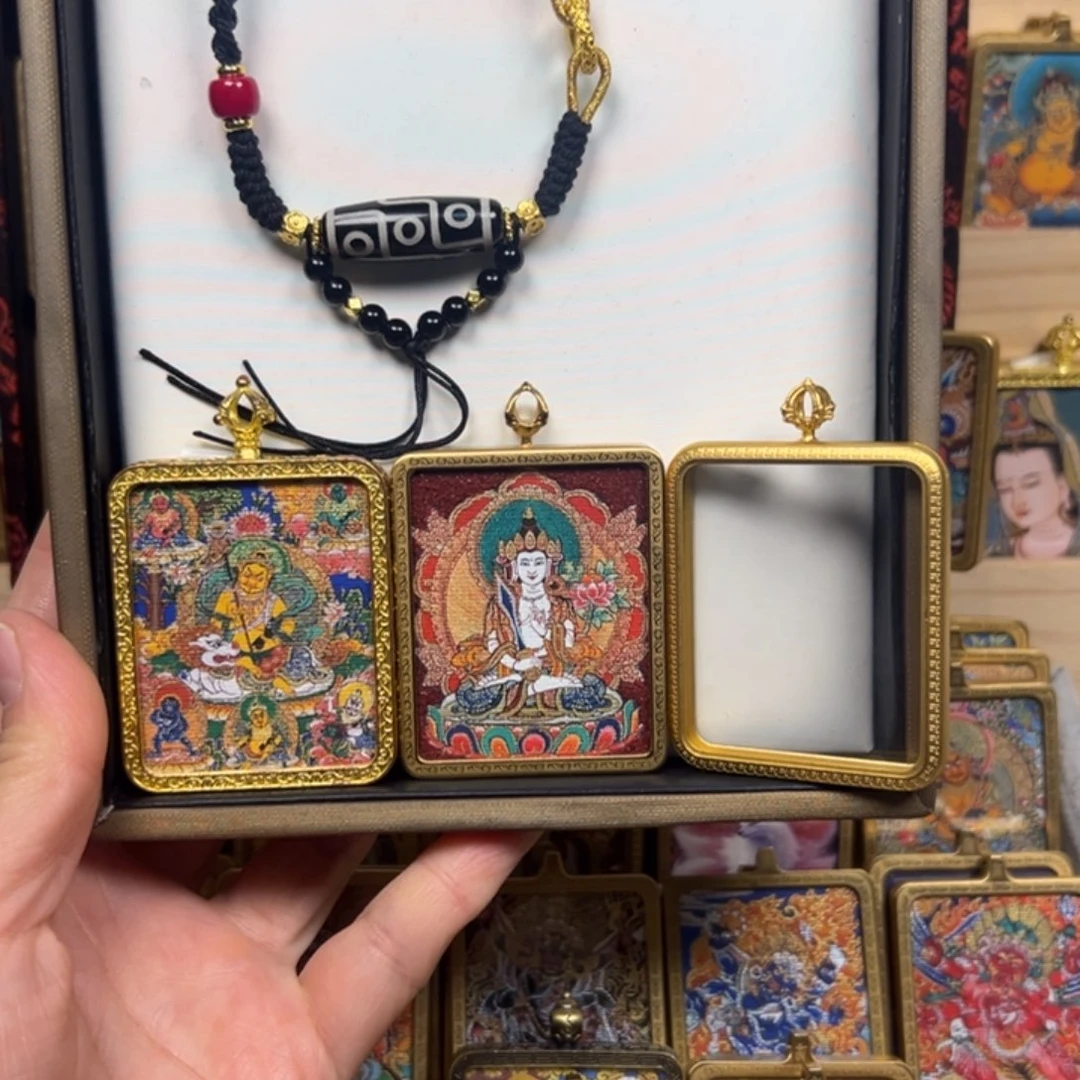 吊坠五路财神虚空藏菩萨双面铜壳唐卡