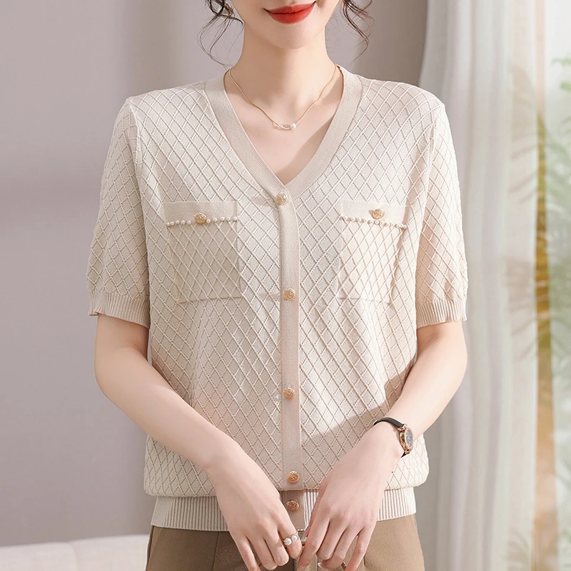中老年女装夏季针织短袖T恤洋气时尚妈妈装薄款小衫显瘦减龄上衣
