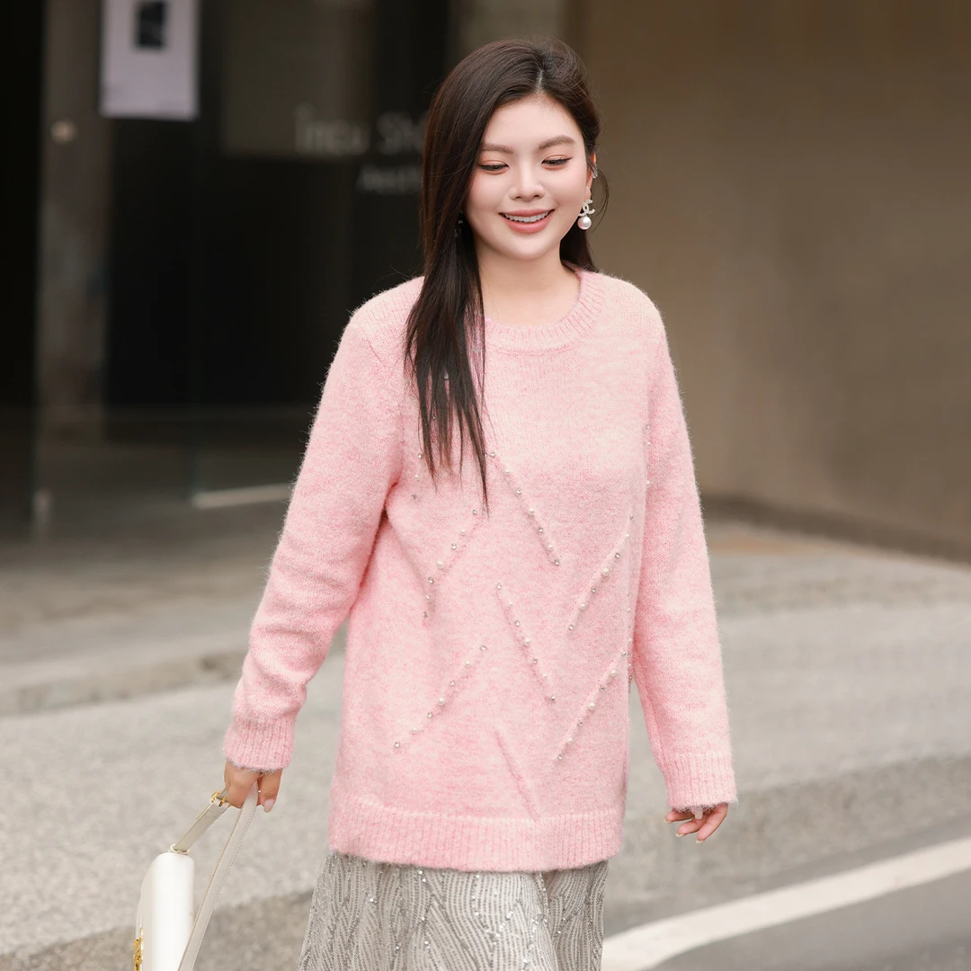 【羊毛混纺&重工珠钻】MsShe大码女装春装花纱宽松毛衣E2412007