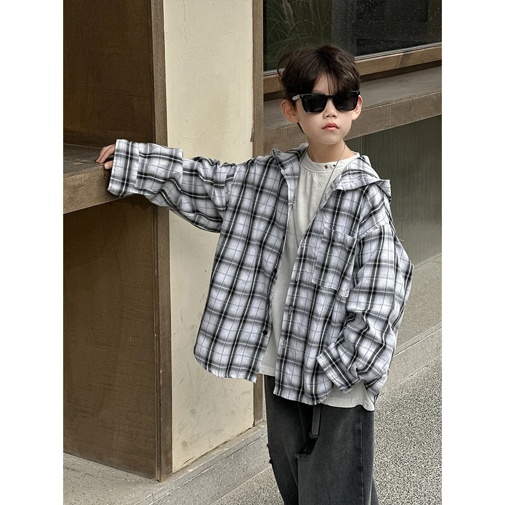 【Tang小白】男童格子衬衫2025春季新款儿童韩版洋气连帽上衣衣服潮