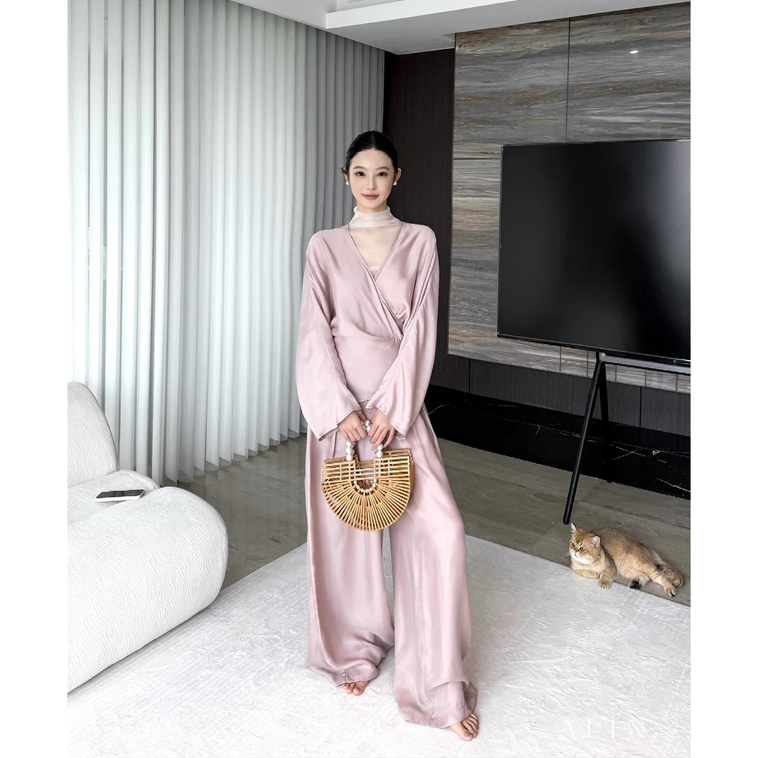 阿琳ALIN【赫拉小姐】铜氨丝中式绑带衬衫女阔腿裤早秋套装AL5FSZ13