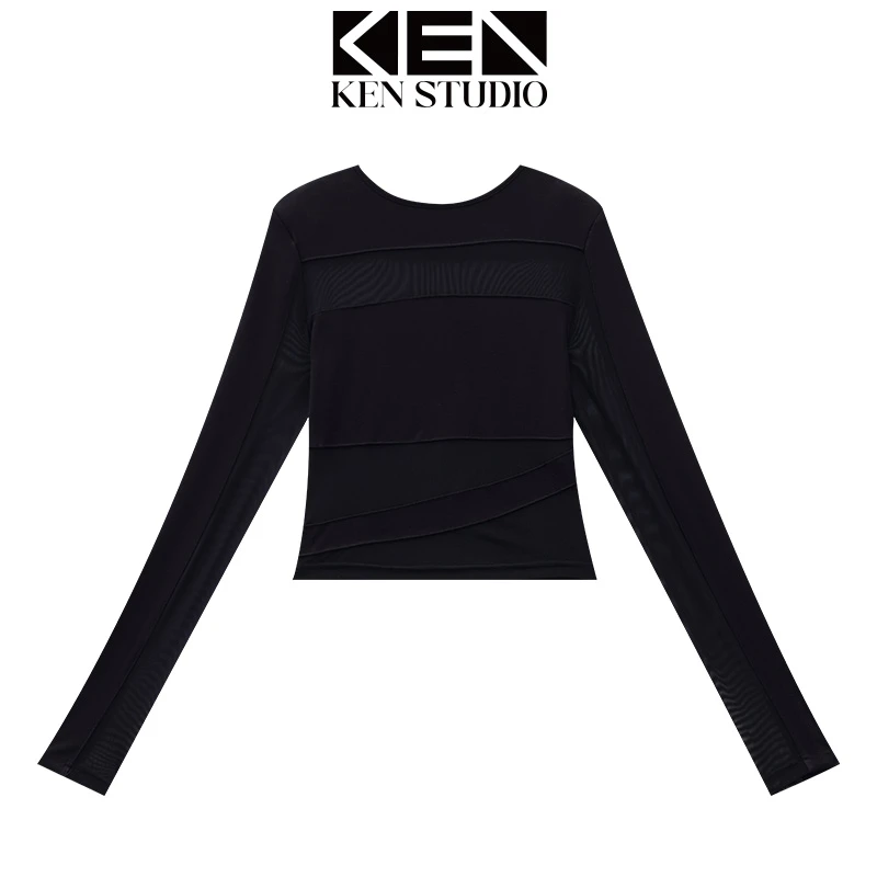 KEN STUDIO春夏新款黑色网纱圆领T恤女设计感小众长袖打底衫上衣