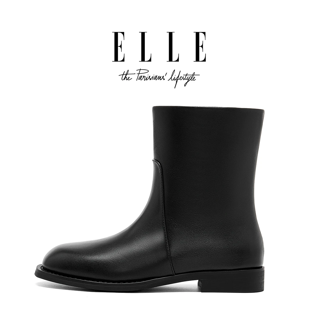 ELLE品牌女鞋英伦风黑色复古真皮马丁靴2025新款平跟加绒切尔西靴