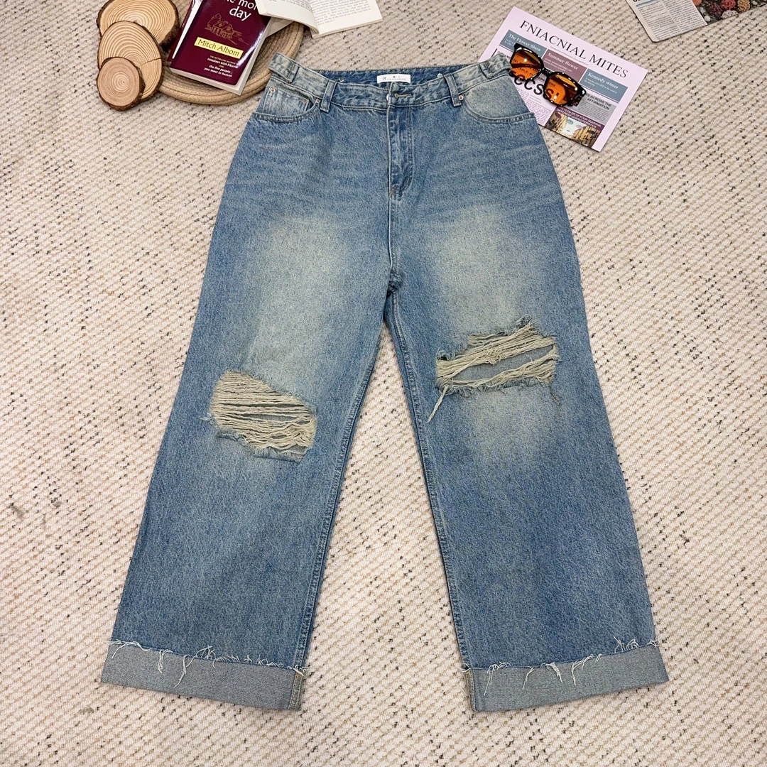 2025夏季新款纯色洗水牛仔破洞休闲裤阔腿裤3610
