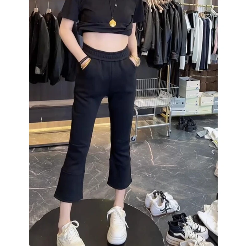 大码八分弹力休闲裤女2025秋冬新款小个子穿搭高腰显瘦微喇小黑裤