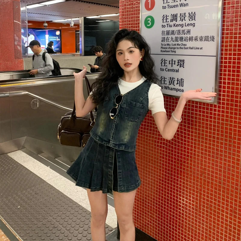 泡面卷儿【瑞秋girl】法式复古水洗马甲女显瘦百搭牛仔上衣JR609008