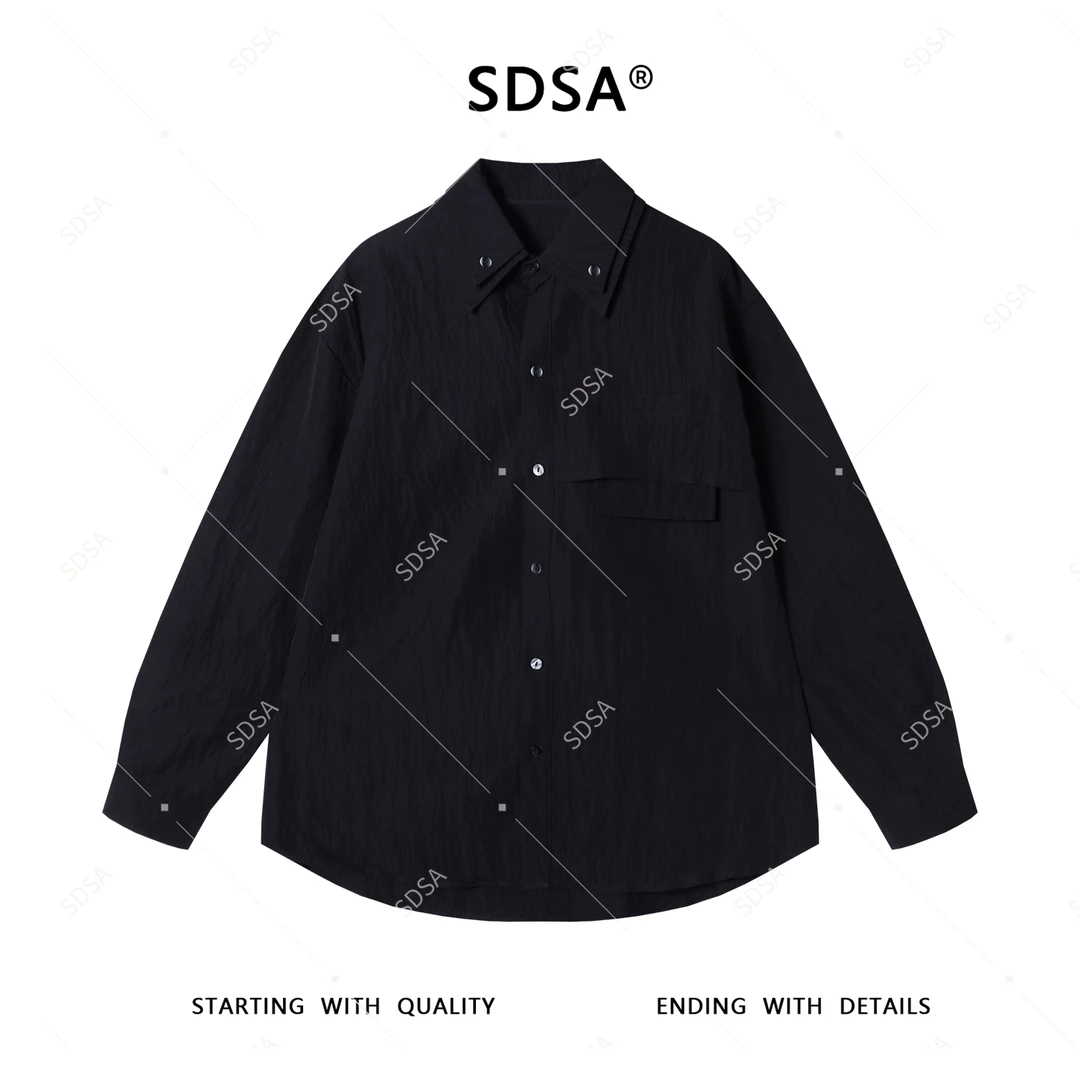 SDSA男士2025新款轻奢痞帅男装网红款纯色纽扣双层翻领长袖衬衫