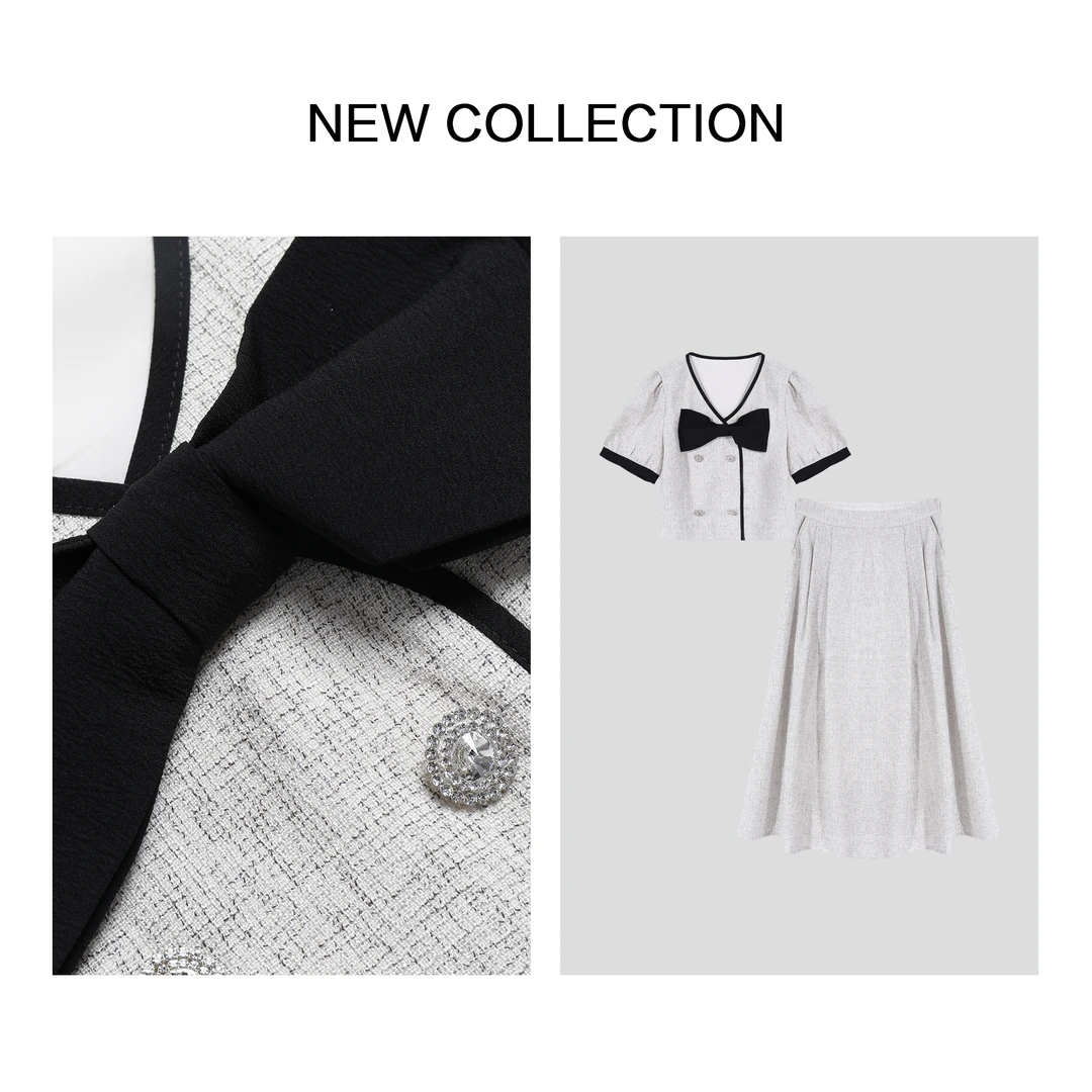 【诗语专属】蝴蝶结装饰短袖上衣+高腰长裙套装D1F27061