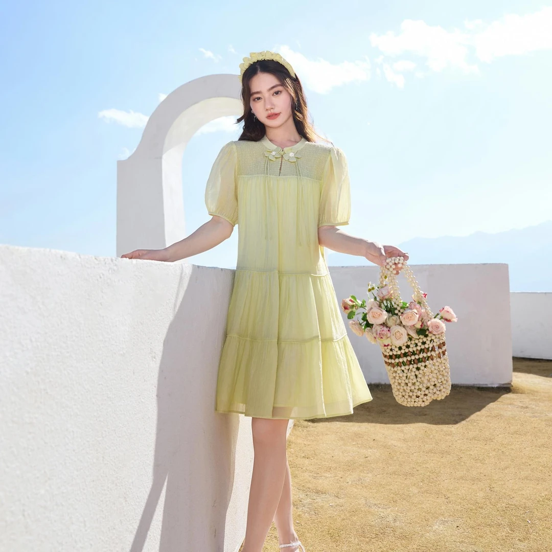 【粉丝专属】Q632601连衣裙 香影夏季新款黄色气质天丝泡泡袖