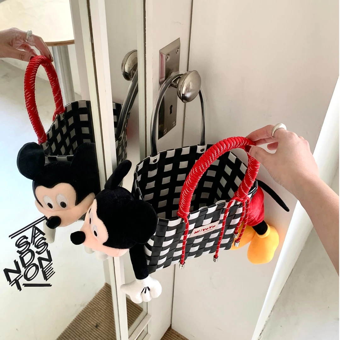 yoyo原创自制米奇可爱卡通玩偶彩色手工编织菜篮子休闲手提包2025