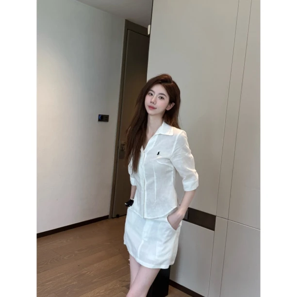 【Cikky定制】智性氧气感中袖翻领衬衫搭配A字半身短裙时尚套装