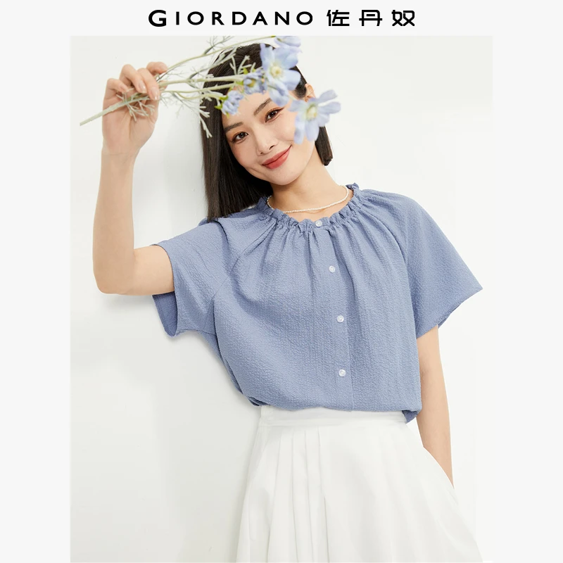 佐丹奴女装法式泡泡纱梭织纽扣装饰木耳边圆领短袖衬衫13344222