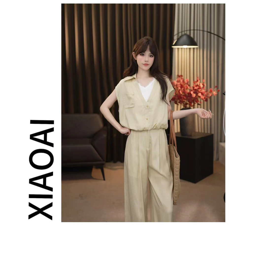 卿卿 F116初夏新款2025高级气质显瘦假两件上衣+直筒裤两件套装女