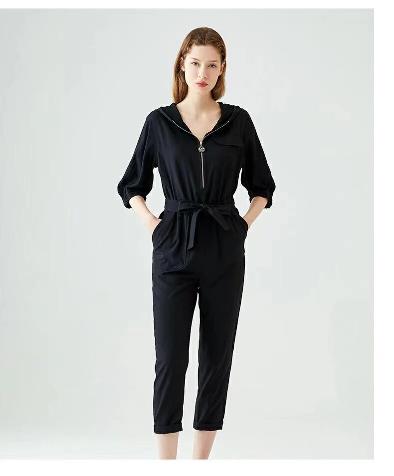 3612帅气连帽工装风连体裤松紧高腰中袖九分直筒裤