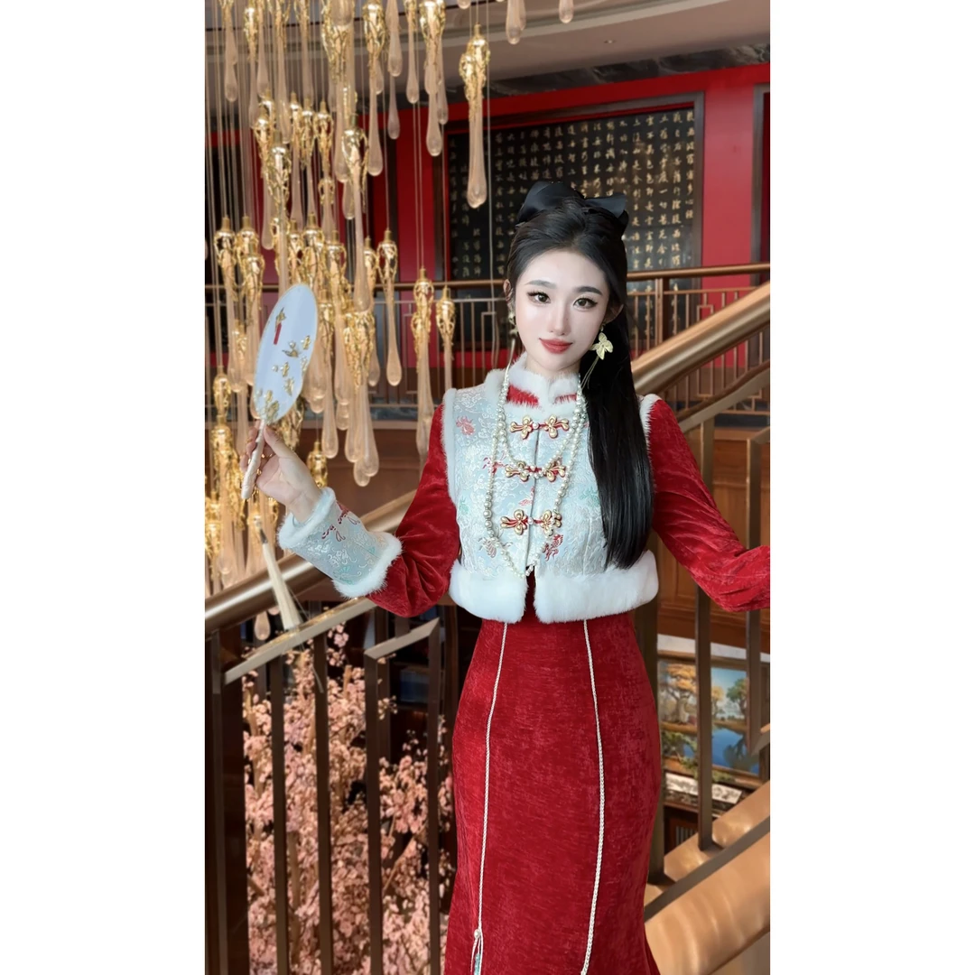 【媛珠 如意红颜】重工提花国风过年装旗袍+马甲两件套连衣裙秋冬