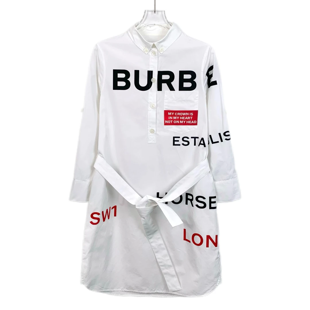95新 BURBERRY/博柏利 X12255 logo字母印花翻领连衣裙 36 XS码