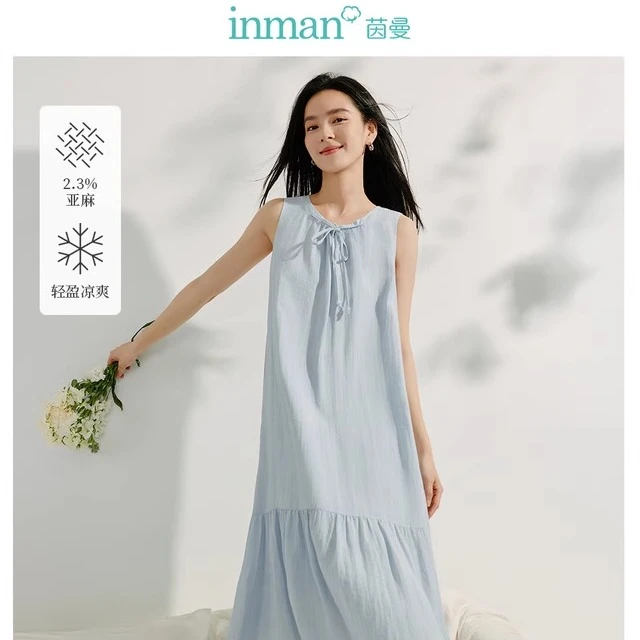 茵曼法式无袖背心连衣裙女2025年春季新款系带圆领气质A字娃娃裙