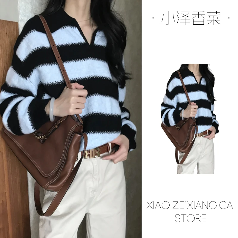 韩系早秋穿搭法式翻领小香风条纹毛衣女秋冬宽松慵懒风针织衫上衣