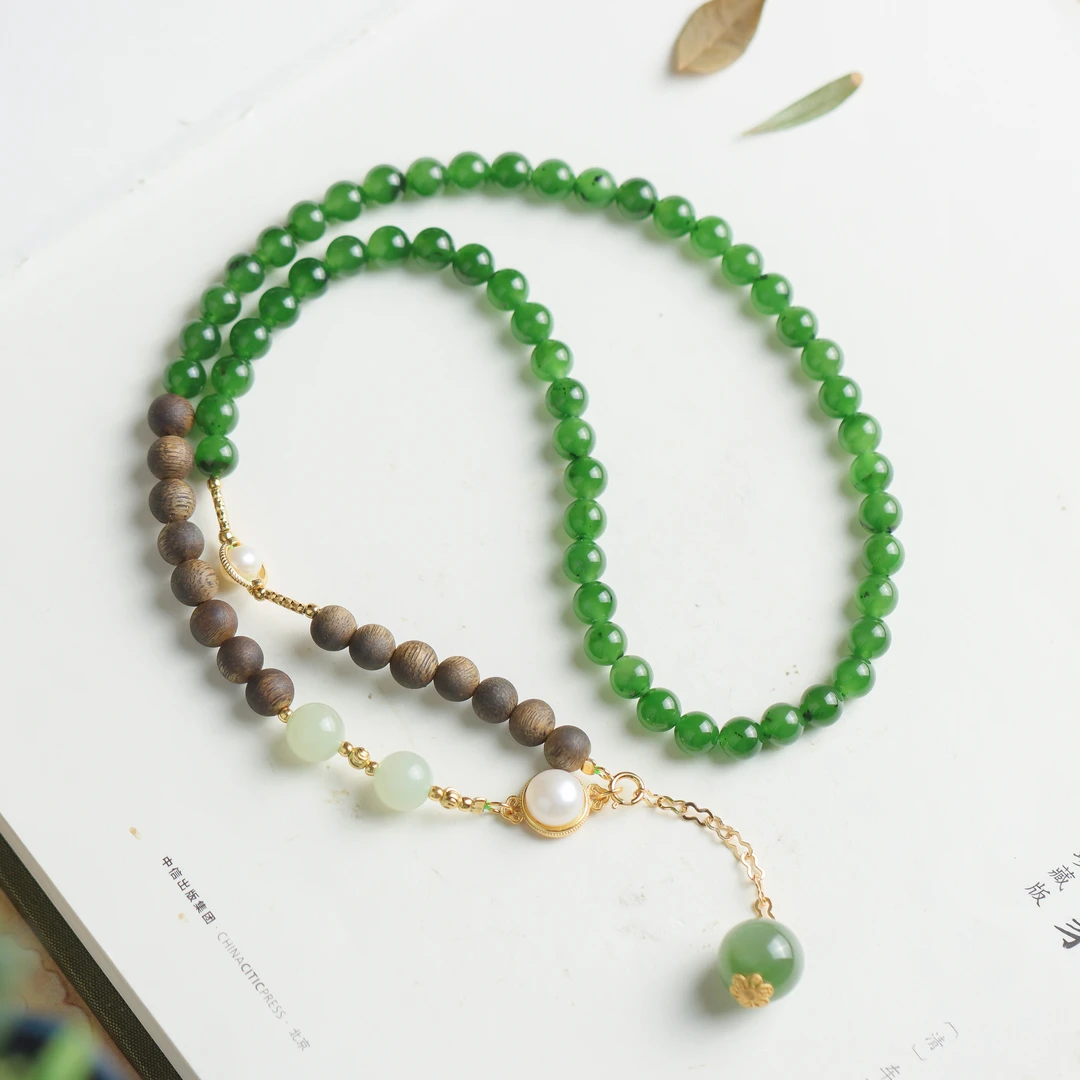 和田玉碧玉圆珠时尚气质百搭送礼女款项链毛衣链