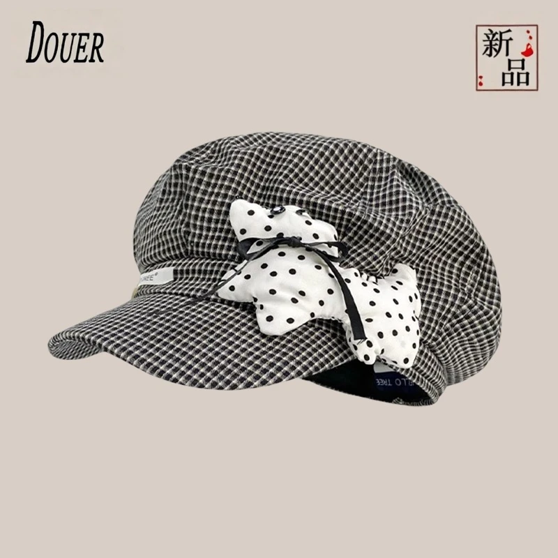 八角贝雷帽夏季帽子格子新款女春秋八角帽百搭太阳帽春夏渔夫帽