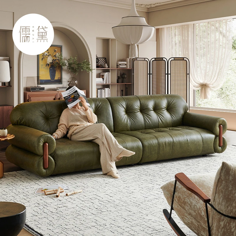 儒黛【黑糖云朵】法式中古风复古家用客厅直排油蜡皮5A真皮沙发