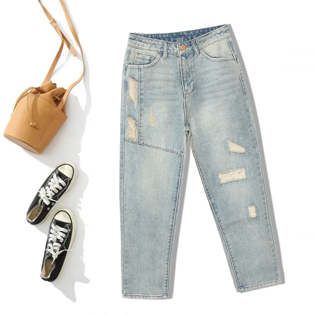 百搭春秋潮裤破洞设计感小脚做旧水洗牛仔裤男女同款百搭1F591
