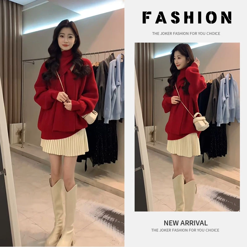 过年穿搭一整套女2025新款新年氛围红色围脖毛衣休闲百褶裙两件套