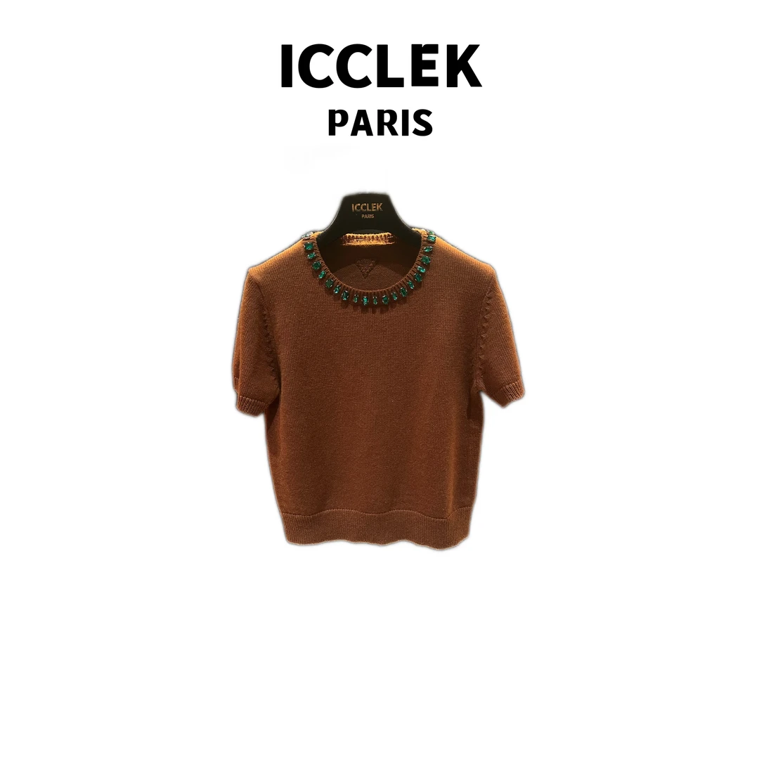 ICCLKE 棕色圆领亮钻短袖针织衫百搭夏季修身时尚显瘦上衣 - 9446